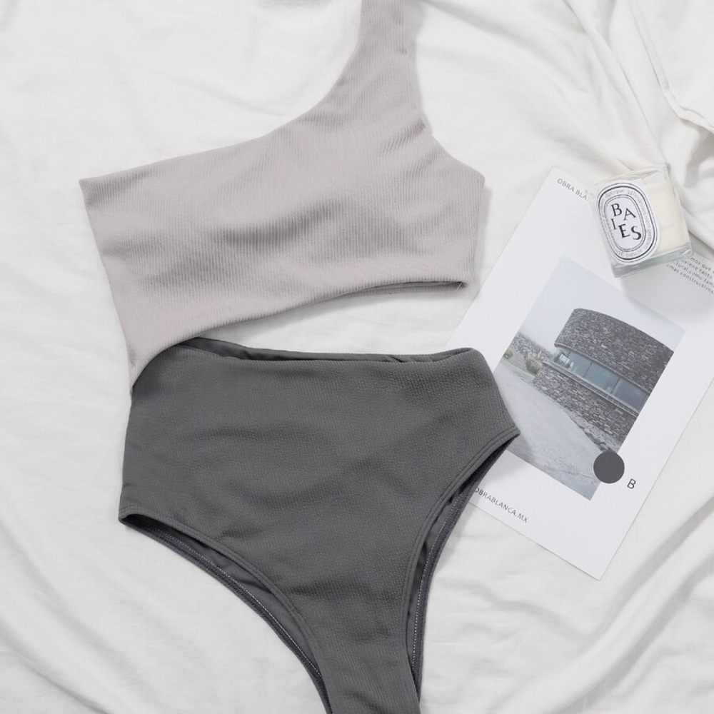 Grey cut out one shoulder monokini one piece Boho - Picture 2 of 4
